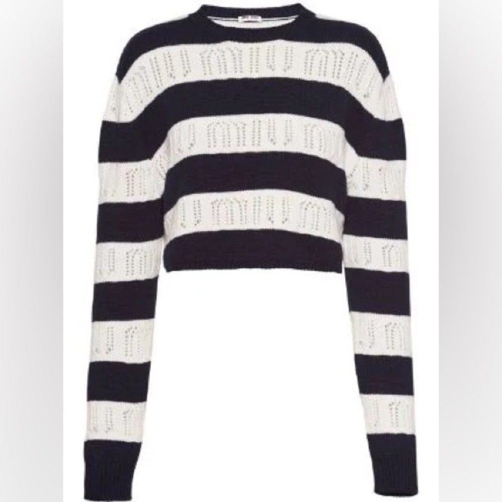 Miu Miu Logo Stripe Navy Blue Striped Knit Long Sleeve